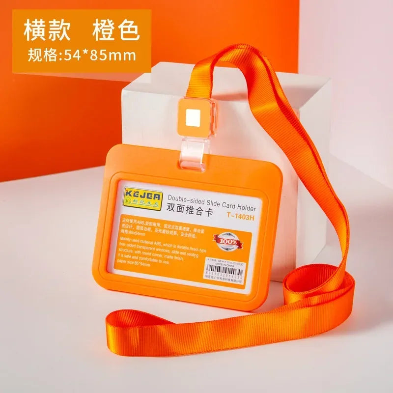 Cards Slots Double-sided Staff Work Card Cover Pass Access Card Holder Name Badge Holder ID Tag Bus Card Sleeve with Lanyard
