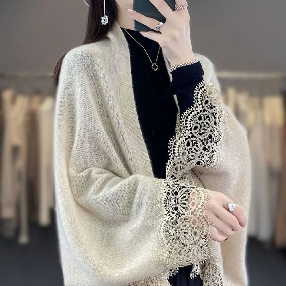Fashion Women Wool Knitted Shawl Spring Autumn Breathable Lace Edge Scarf Skin Friendly Luxury Brand Design Cloak Shawl