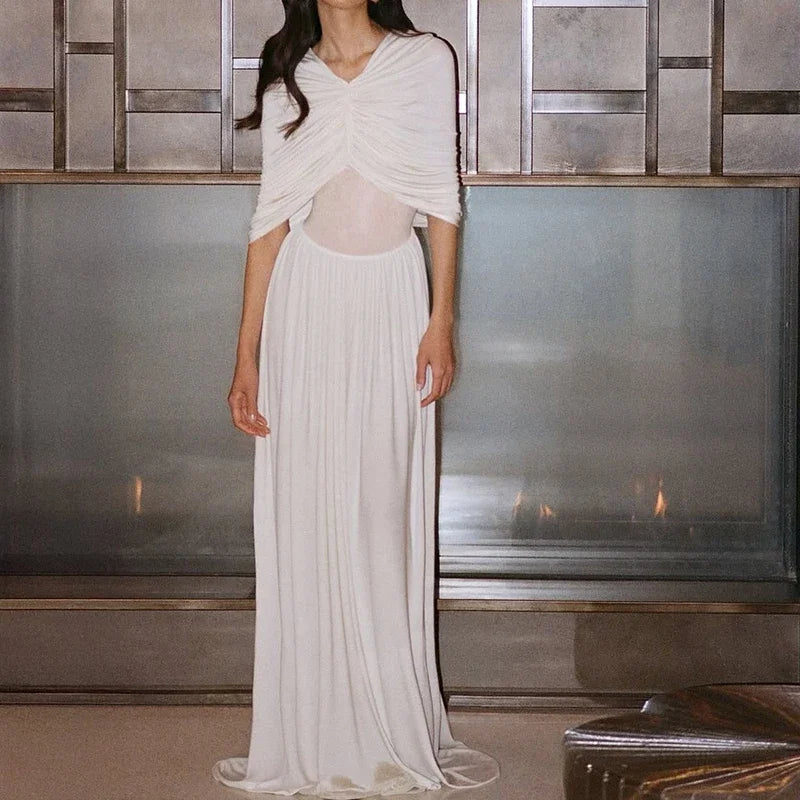 Women Shawl Patchwork Folds High Street Dresses Summer Ladies Elegant Temperament White Lady Chic Evening Gown For Women 2025