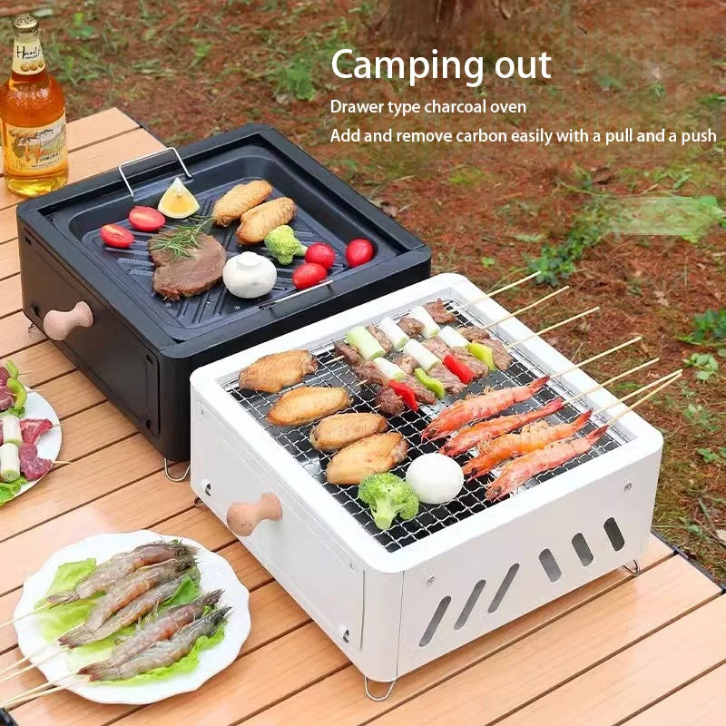 Portable multi-functional square barbecue grill for outdoor camping, drawer grill for roasting tea and meat around the stove