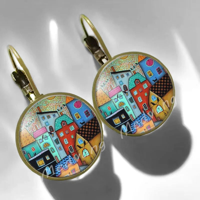 2024 Natural Scenery Earrings beautiful village Women Stud Earring  Abstract Oil Painting House Glass Cabochon Earrings  jewelry