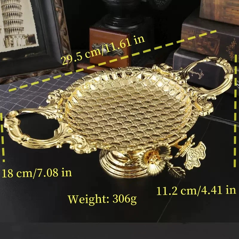 European Vintage Iron Art Metal Fruit Tray Gold round Serving Plate Home Living Room Decor Kitchen Storage Dish