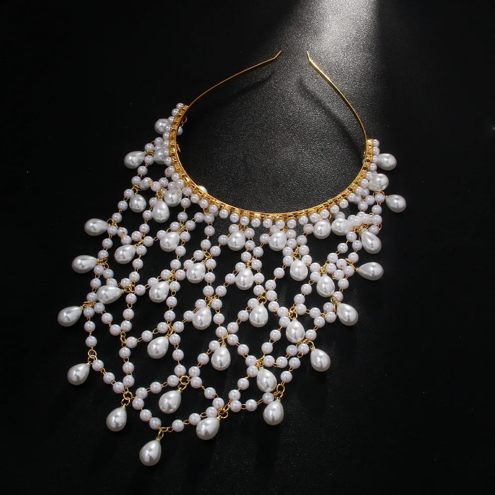 Bohemian Pearl Headband for Women Vintage Hair Accessories with Mesh Cap and Headwear Girls Retro Wedding Jewelry Charming