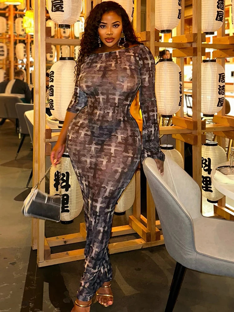 kliou Mesh Thin Print Women Dress Elegant Contrast Colors Full Sleeve O-neck Sheath Maxi Frock Mujer Trend New High Street Robe