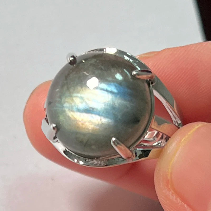 Ring Natural Stone Round Bead Blue Labradorite Adjustable Finger