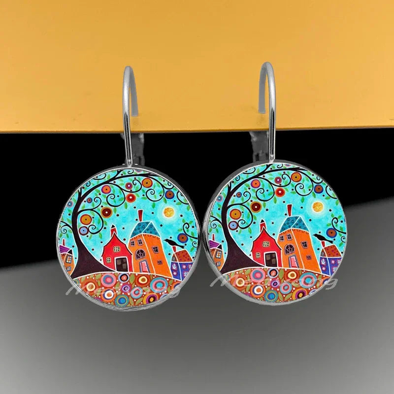 2024 Natural Scenery Earrings beautiful village Women Stud Earring  Abstract Oil Painting House Glass Cabochon Earrings  jewelry