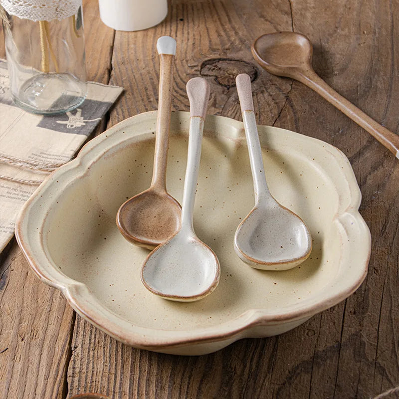 Japanese Coarse Pottery Spoon Household High Appearance Level Small Spoon Long Handle Coffee Cup Spoon Soup Spoon Porridge Spoon