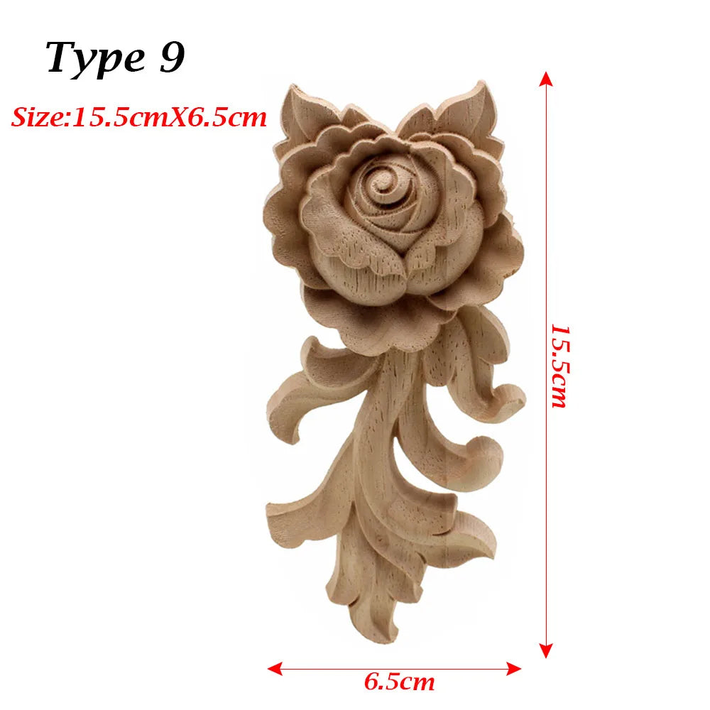 Floral Carved Corner Appliques Woodcarving Rose Natural Wooden Crafts Unpainted Door Adornment Furniture Ornament Home Decor