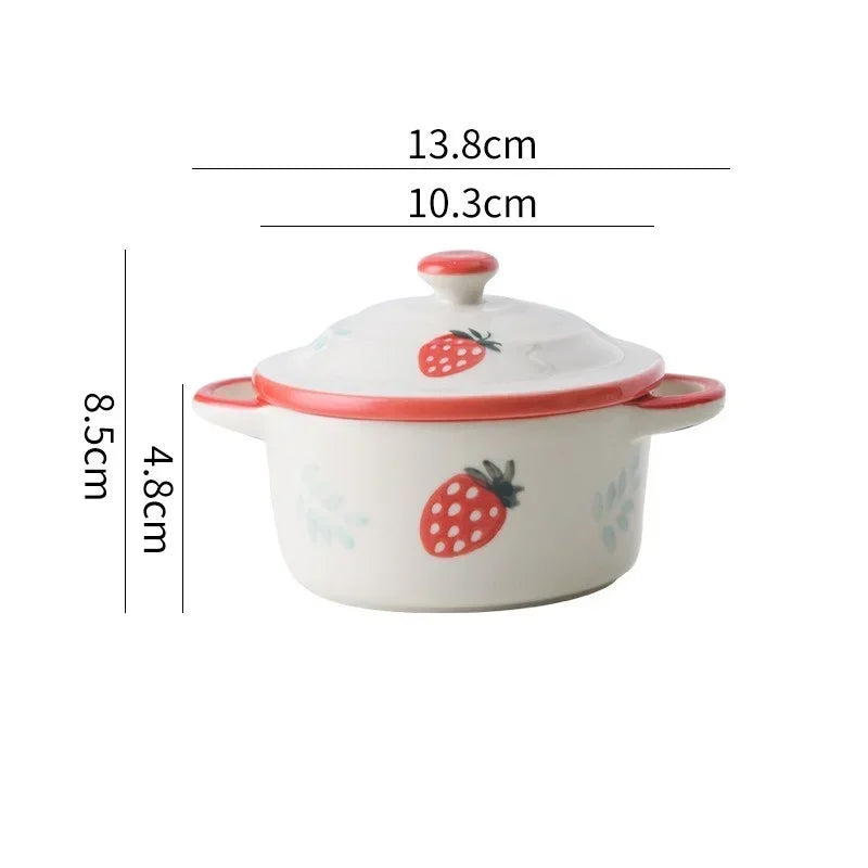 Ceramic Bowl Cartoon Double Ear Bowl with Lid Kid Food Supplement Bowl Ramen Bowl Salad Food Containers Microwave Oven Tableware