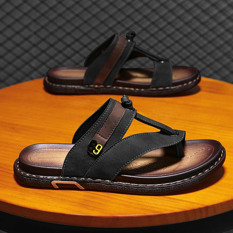 Men's Leather Slides Comfortable House Slippers Breathable Rubber Sole Indoor Outdoor Summer Sandals