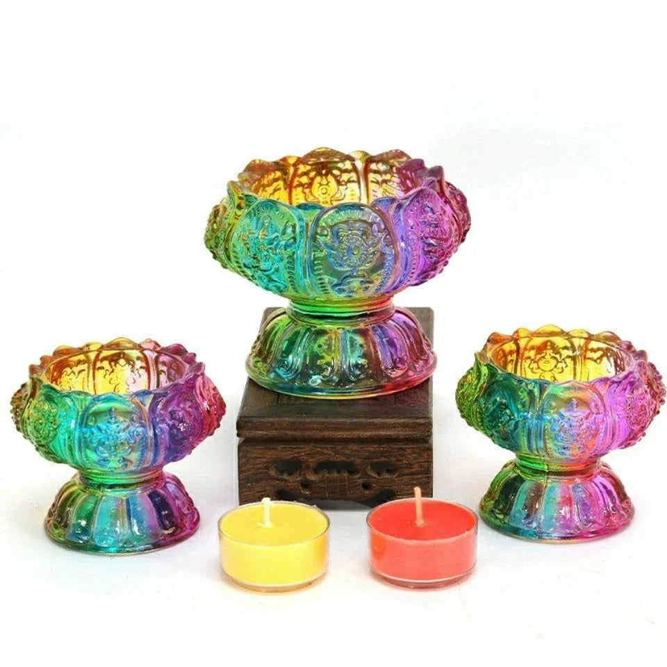 Colorful Glass Lamp New Liquid Butter Lamp Base Ornament Lotus Glass Base Oil Lamp Tribute Candle Pedestal Crafts Home Decoratio