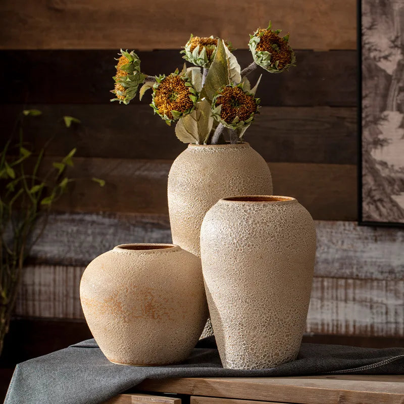 Floor Vase Jingdezhen Ceramic Large Vase Retro Nostalgic Handcrafted Rough Pottery Jar Living Room Vase Decoration