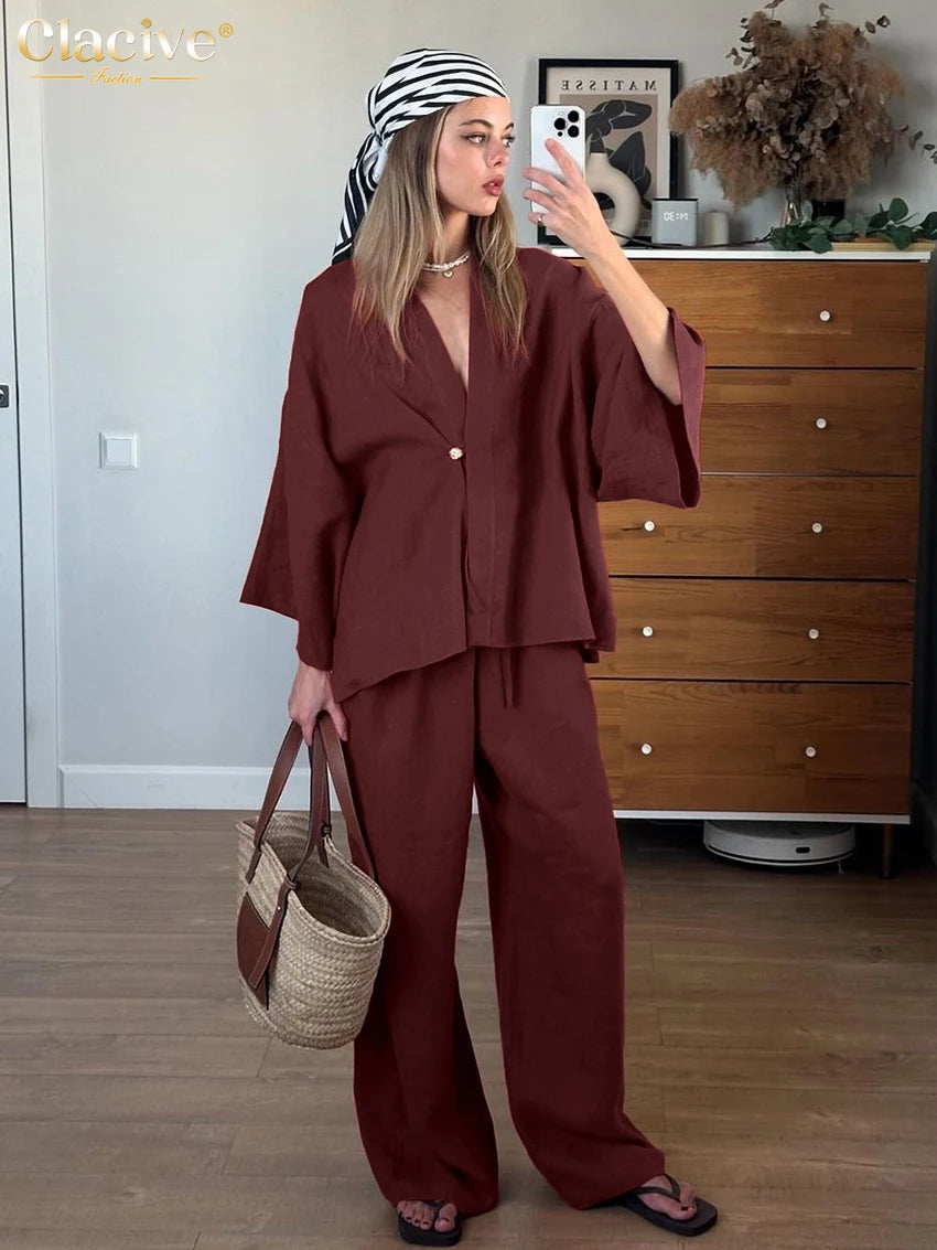 Clacive Fashion Loose Red Cotton Women's Two Pieces Set 2025 Elegant Long Sleeve Shirt With High Waist Wide Pants Set Female