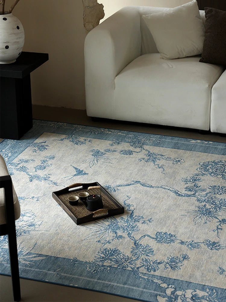 New Chinese Style Carpet Living Room Bedroom Sofa Carpets Retro Luxury Machine Washable Rugs Blue Bohemian Decorative Rug Tapete