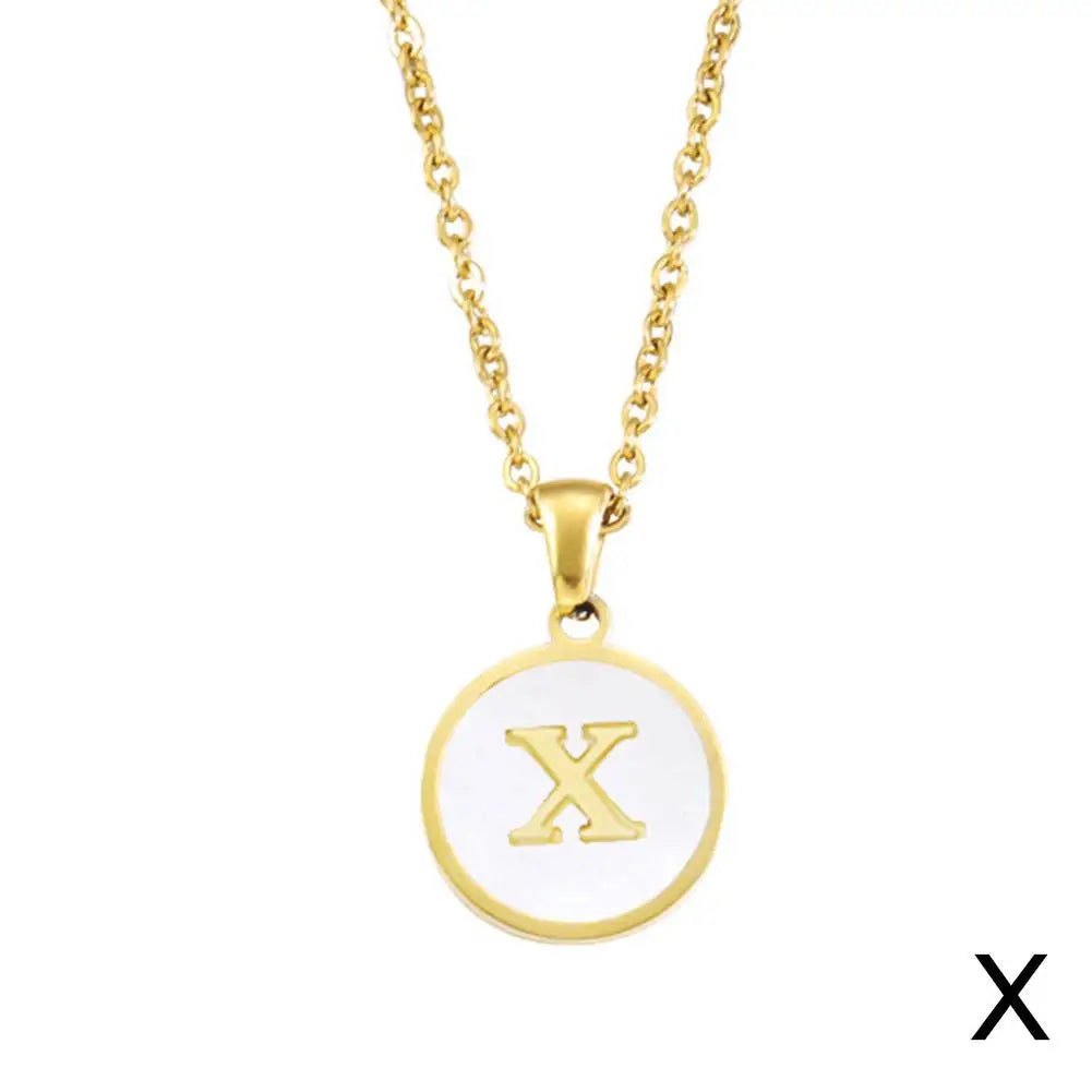Vintage Initial 26 Letters A To Z White Shell Pendant Necklace Gold Color Steel For Women Men Choker Jewelry Necklace