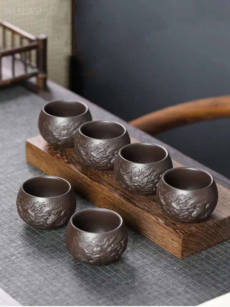 Chinese Hand Carving Purple Clay Teacup Outdoors Portable Tea Bowl Home Master Cup Traditional Zisha Tea Cup Home Drinkware