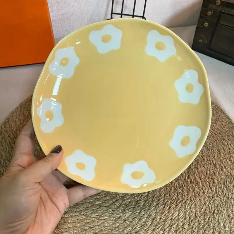 Japanese Vintage Hand Painted Dots Daisy Pottery Deep Plates Creative Moon Star Steak Flat Plate Handmade Salad Dinner Dishes