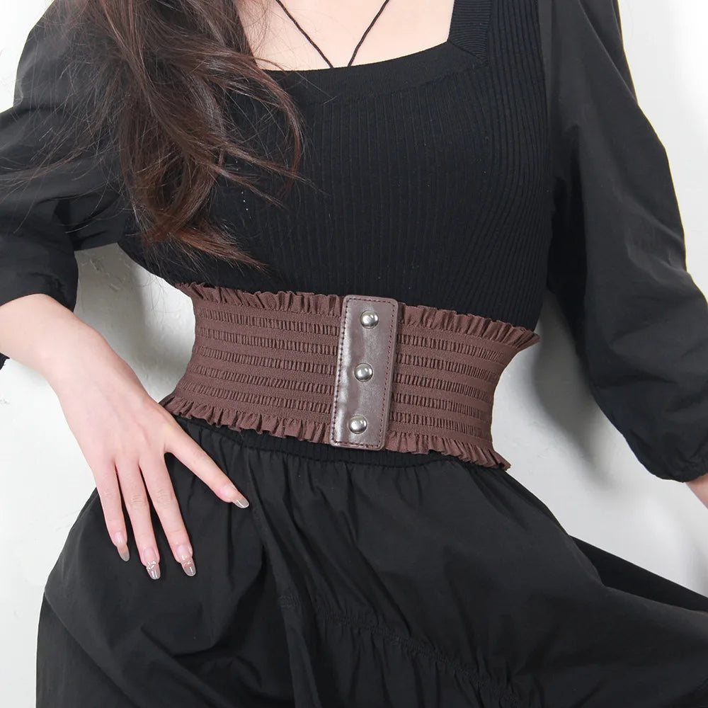 Ruffles Wide Belt Triple Buckle Elegant Elastic Waistband Decorative Dress Girdle for Women Large Size Luxury