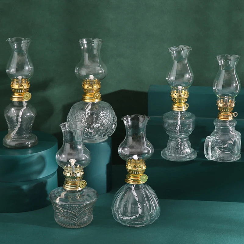 1pc Adjustable Flame Glass Kerosene Lanterns Retro Oil Lamp Glass Family Decorate Lights Portable Adornment Halloween Room Decor