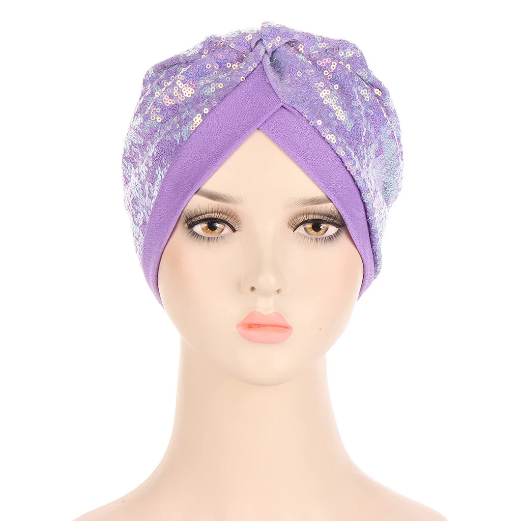 Muslim Headscarf Bonnet Glitter Sequins Hijab Turban Female Head Wraps India Hat Islam Headwear Accessories Chemo Caps beanies