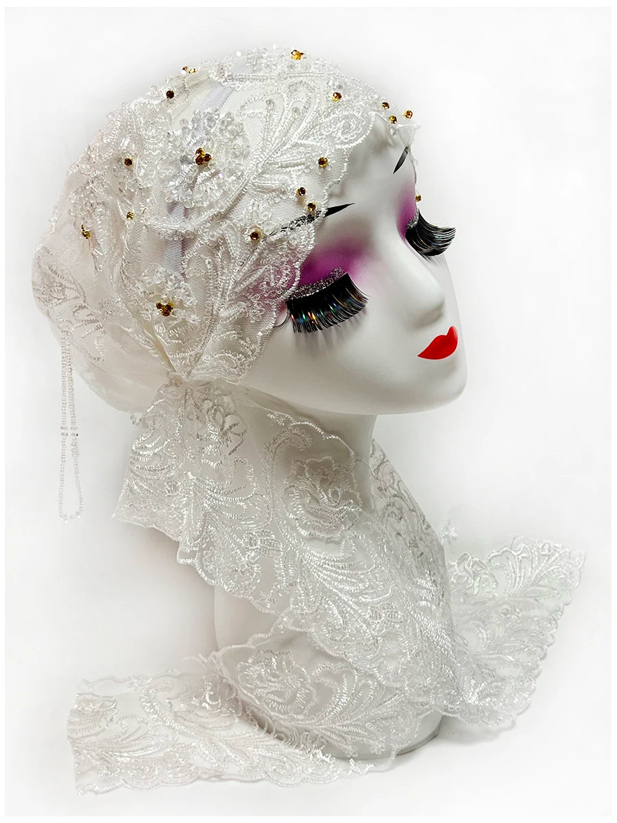 Explosive Head Cover Mesh Fabric Hand-Embroidered Hanging Beaded String acrylic Ribbon Hats Dubai New Muslim Arabic Worship Hat