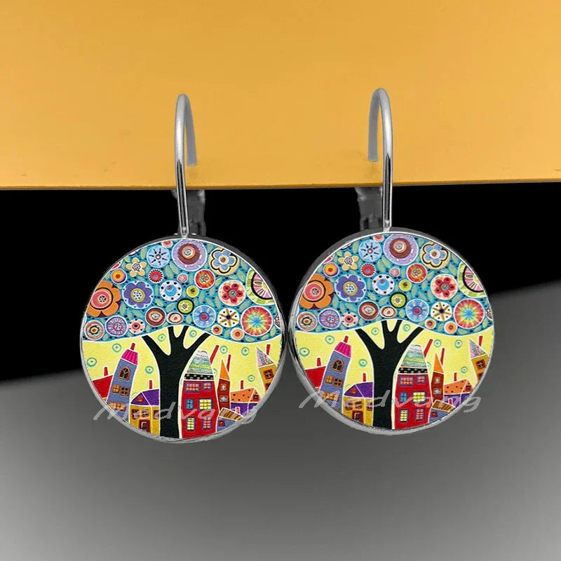 2024 Natural Scenery Earrings beautiful village Women Stud Earring  Abstract Oil Painting House Glass Cabochon Earrings  jewelry