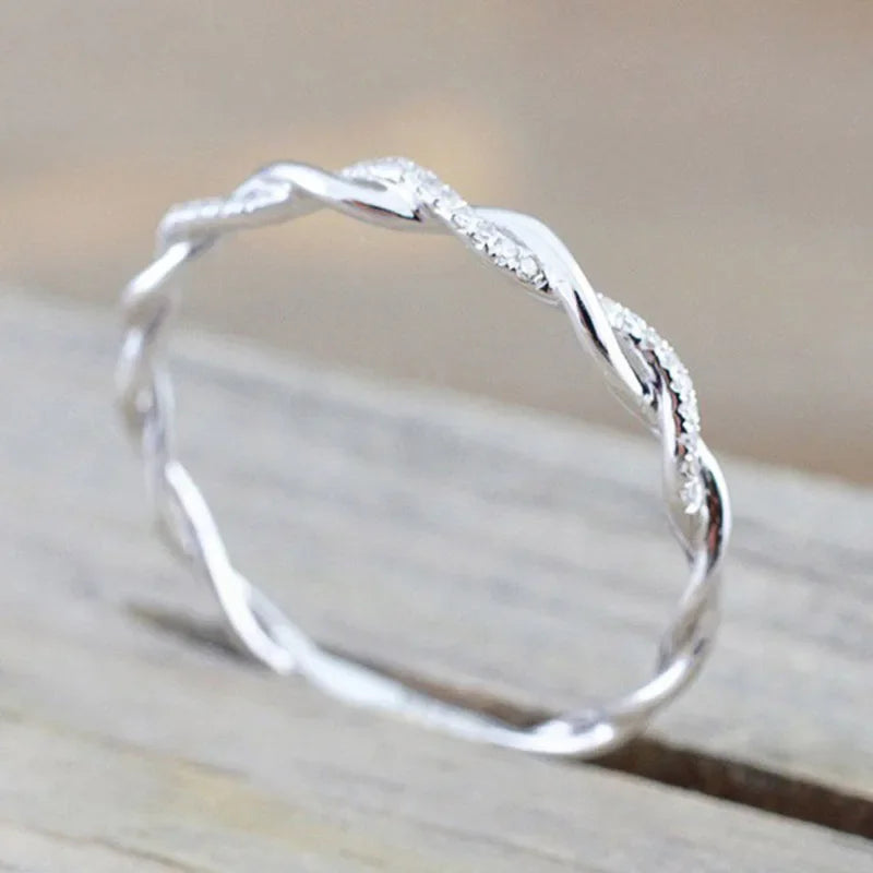 Simple Stylish Women Thin Rings Fancy Twist Band Shiny Crystal Cubic Zircon Rings Daily Wear Versatile Jewelry Minimalist Gift