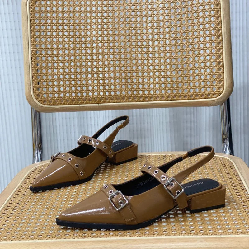 Leather Women's Sandals Outdoor with Low Heels Ladies Shoes Buckles Black Mules 2024 Trending Summer Offers The Best Designer Or