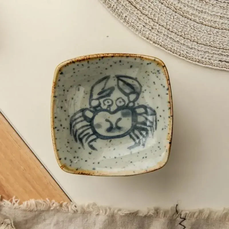 Japanese Cartoon Antique Seasoning Dishes Ceramic Square Plate Creative Cartoon Seafood Sauce Dish Home Kitchen Tableware