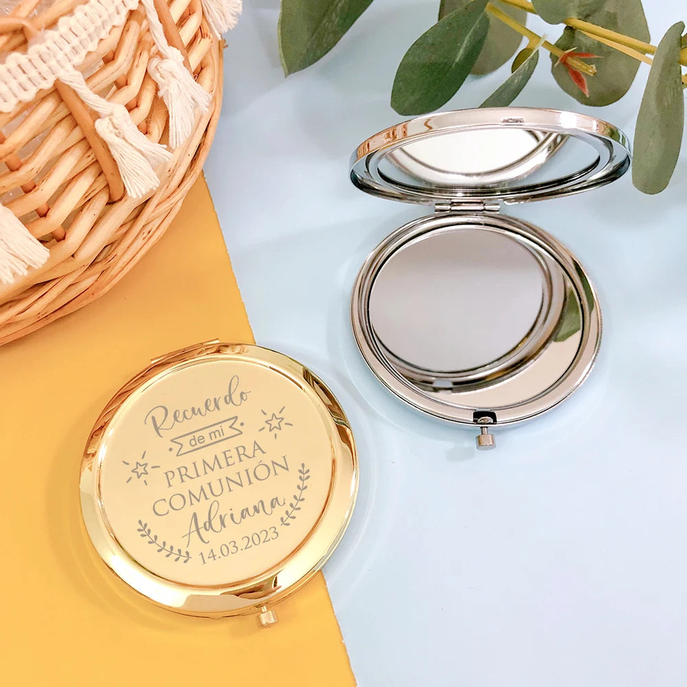 First Communion Party Favors Personalized Communion Gifts for Guests Custom Engraved Metal Compact Mirrors Silver / Gold