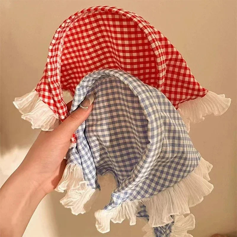 Red Woven Plaid Lace Hair Scarf Wraps Women Retro Triangle Headscarf Hat Travel Photo Headband Girl Hair Accessories