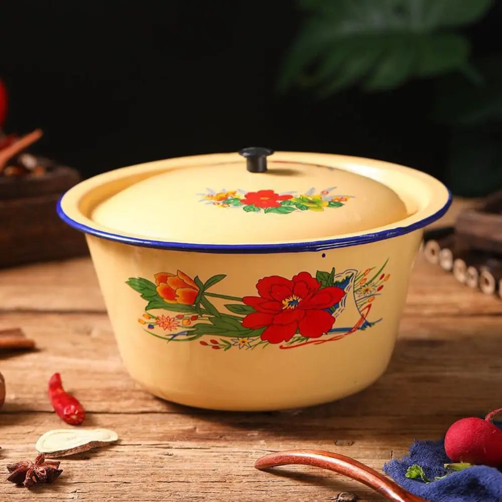 Food Storage Pot Vintage Enamel Bowls with Lid Yellow Lard Pot Random Pattern Rustproof Soup Container Noodle