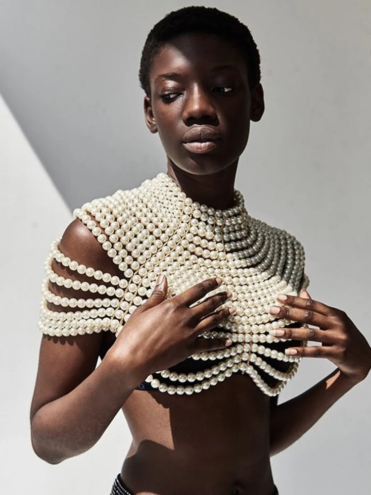 Fashion Pearl Shawl Tops Women 2025 O-neck Handmade Beading Shawl Top Ladies Party Female Elegant Shawl Tops