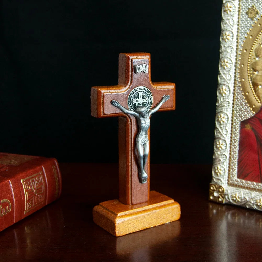 Catholic Wooden Cross with Base, Pray for your Family and Home, Handheld Religious Souvenir Statue of Jesus on Base