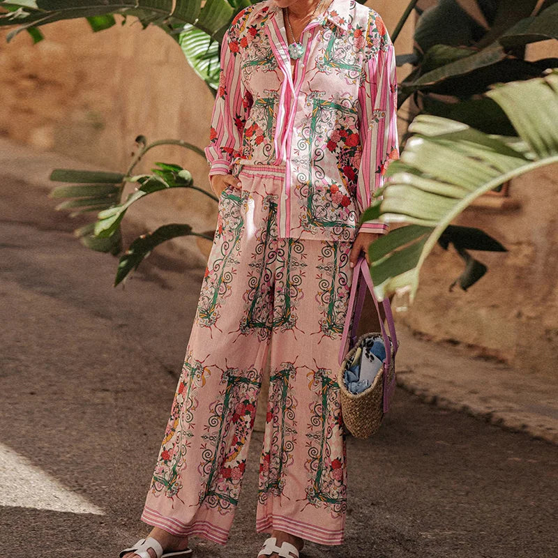 Loungewear Printing Two Pieces Sets, Women Spring Summer Cardigan Top Wide Leg Pants Outfit, Loose Turn-Down Collar Ladies Suits