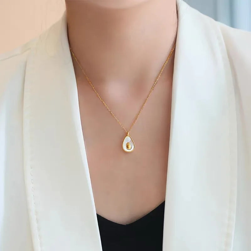 ASONSTEEL Fashion Gold Plated Fruit Pendant Necklace For Women Stainless Steel Jewelry Avocado Natural Shell Glossy Waterproof