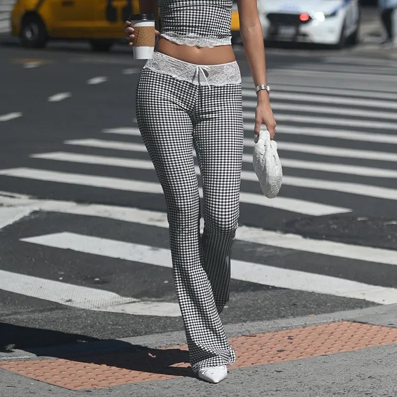 2024 New Plaid Lace Flare Pants Sets Patchwork Elegant Women Casual Two Piece Suit Streetwear Sweet Tank Top Autumn Slim Fit Set