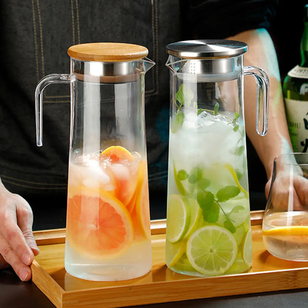Acrylic Cold Water Pitcher Large Capacity Stainless Steel Wooden Clear Water Jug for Home Office Party Lemon Tea