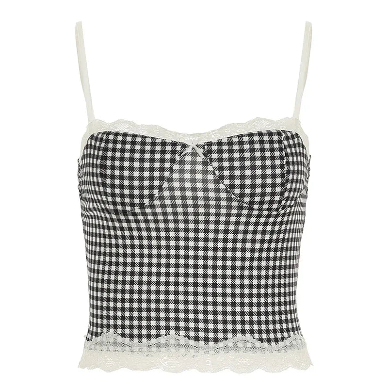 2024 New Plaid Lace Flare Pants Sets Patchwork Elegant Women Casual Two Piece Suit Streetwear Sweet Tank Top Autumn Slim Fit Set