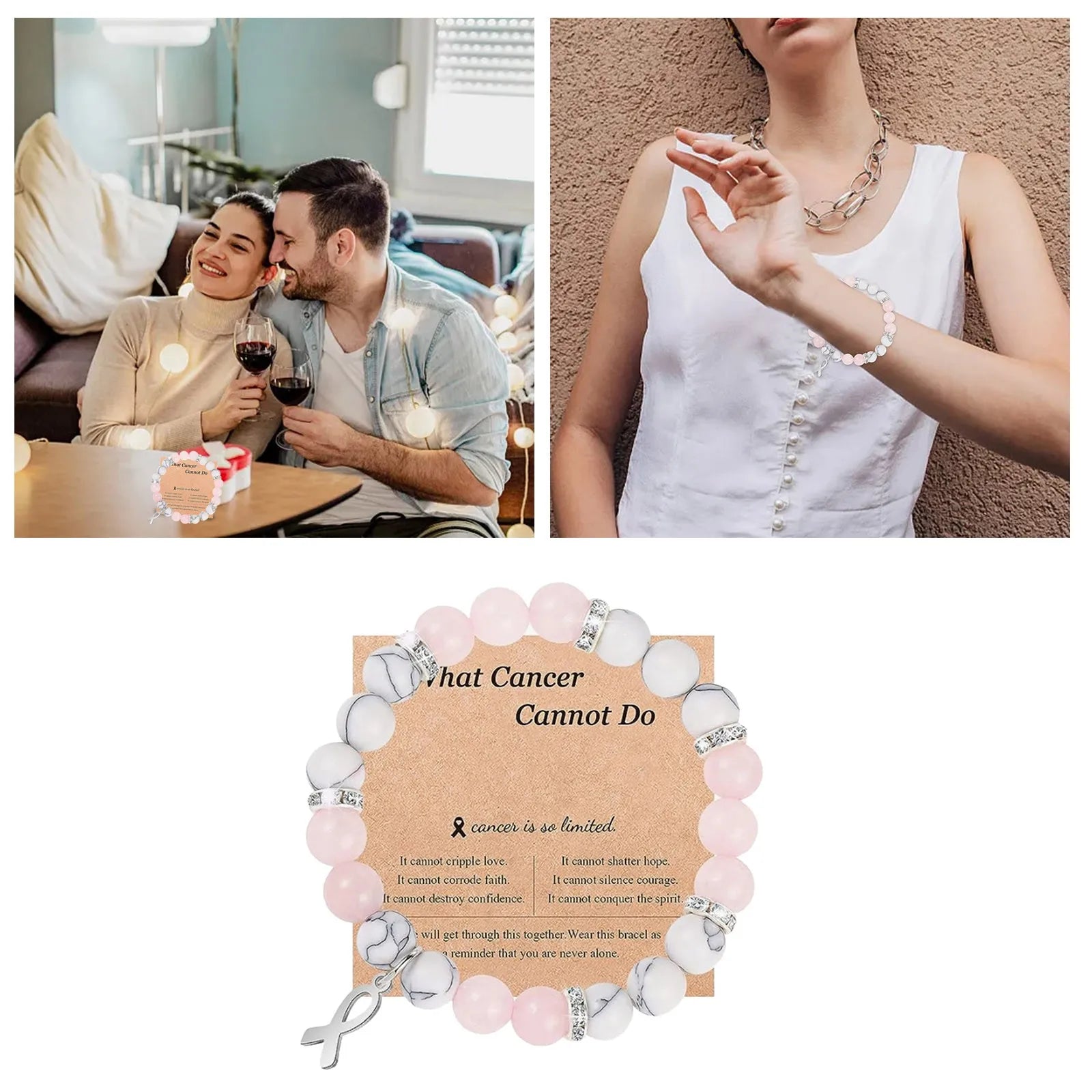 Natural Stone Bead Bracelets Ribbon Charm Inspirational Breast Cancer Awareness Bangle Gifts Encouragement For Women Jewelry