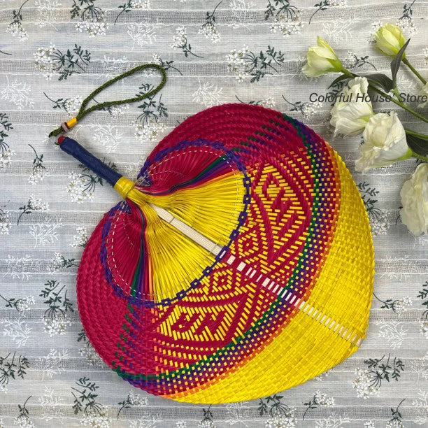 1pc Natural Bamboo Raffia Hand Fan Summer Cooling Supplies Hand Colored Woven Fan Farmhouse Wall Decoration Wedding Party Gift