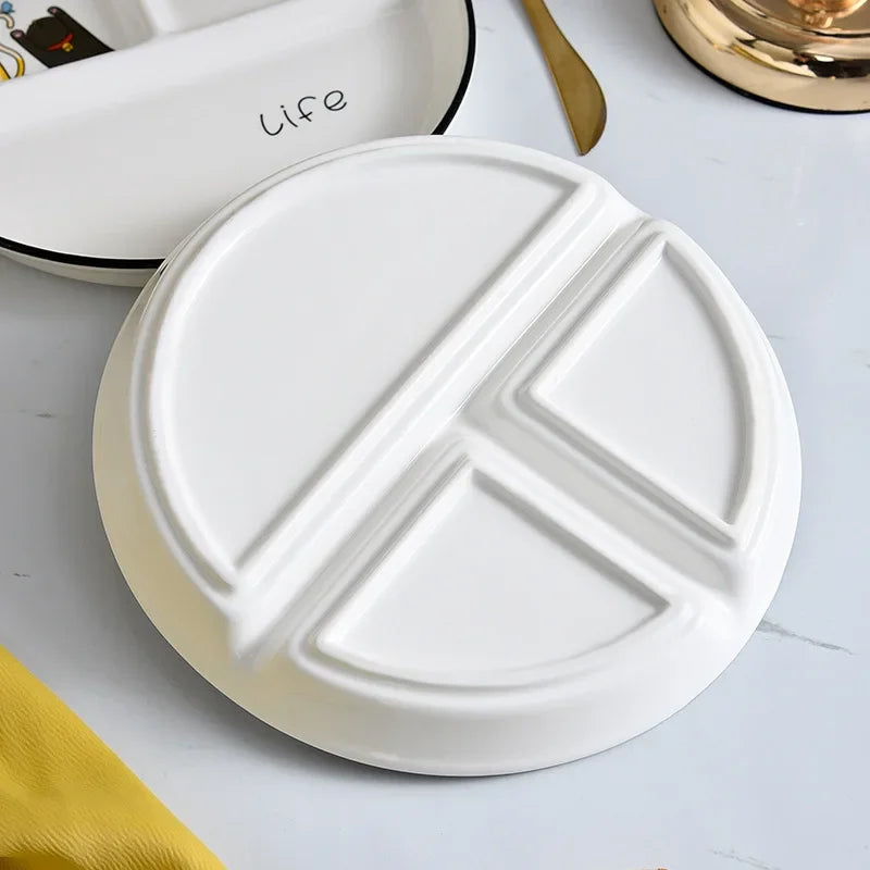 Ceramic Plate Cartoon Fat-reducing Sub-plate, Sub-plate, Household Dish Plate, Three-plate Breakfast Plate, Tableware Gift Set