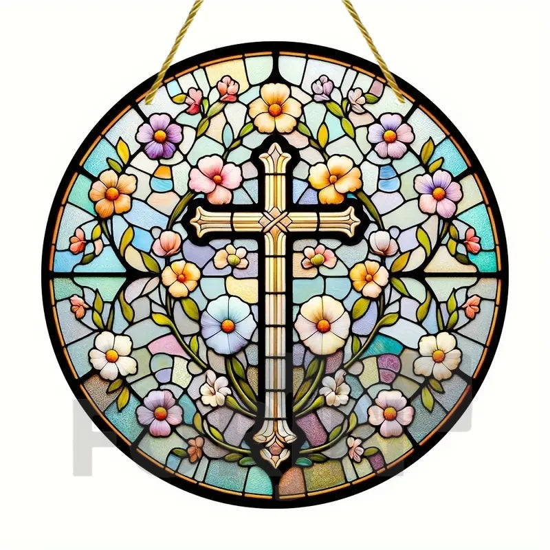 Cross Sun Catcher Acrylic Round Sign,Faux 3D Christianity Religious Pendant Plate,Home,Garden,Room,church,Holy Week&Easter Decor