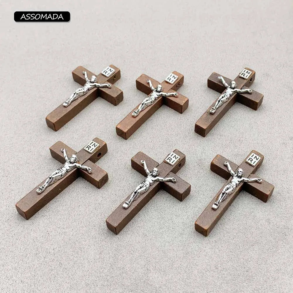 ASSOMADA 6pcs Wooden Cross Jesus Pendant For Jewelry Making Necklaces Christian Crosses Charms Accessories DIY Supplies