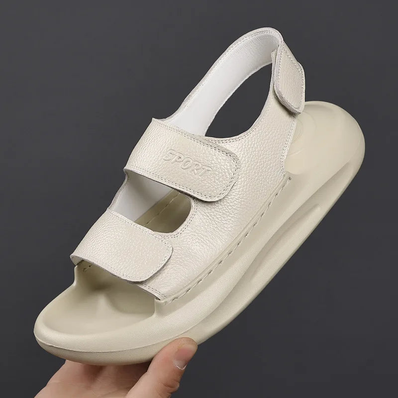 Solid Color Leather Sandals for Men 2025 Summer New Designer Platform Sandals Male Fashion Casual Outwear Beach Shoes Man