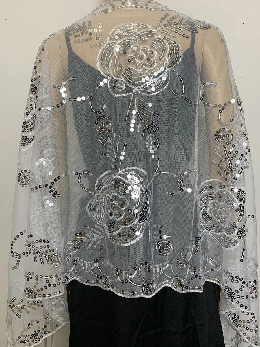 Glitter Sequins Shawls and Wraps for Evening Dresses Women's Mesh Wedding Cape Bridal Bridesmaid Shrugs Fringed Party Shawl