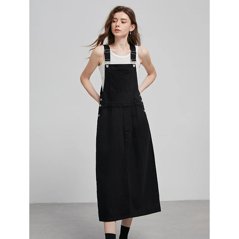 TOYOUTH Women Overalls 2025 Spring New College Style Cotton Medium Length Sleeveless Denim Dress