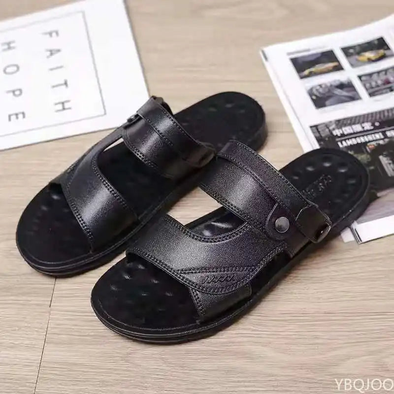 Men's Summer New Sandals and Slippers Men's Leather Sandals Adult Thick-soled Beach Shoes Non-slip Open-toe Leather Sandals
