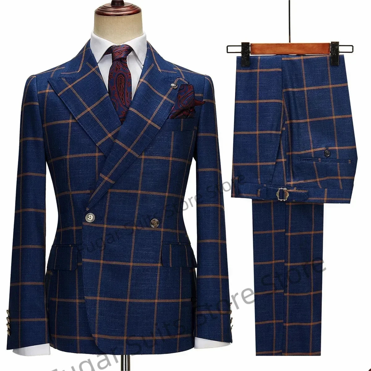 Business Navy Blue Plaid Men Suits Slim Double Breasted Peak Lapel Groom Tuxedos 2 Pcs Sets Office Work Male Blazers Ropa Hombre