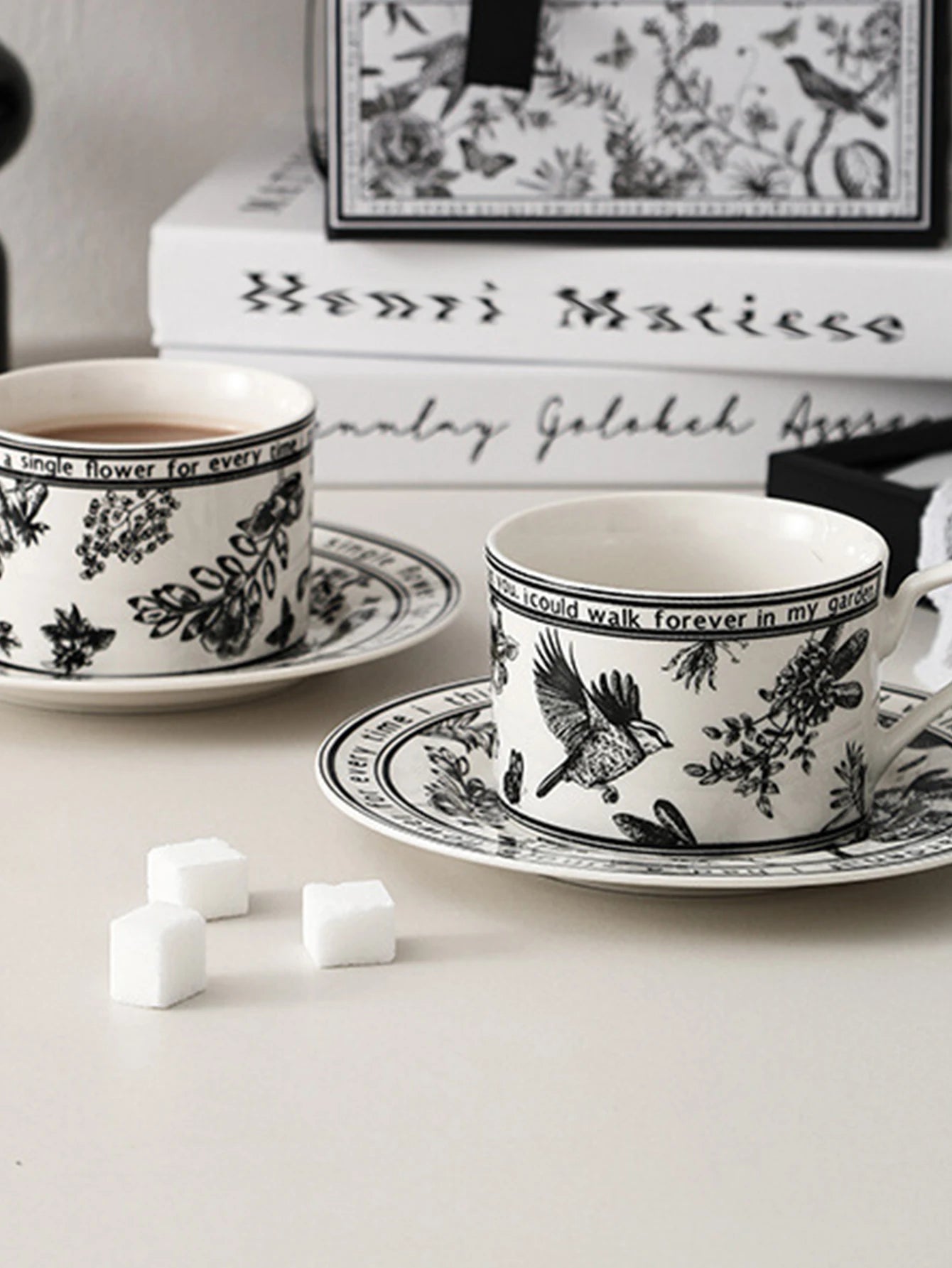 Black and White PatternCeramic Dishes and Plates Sets Korean Simple Retro Afternoon Tea Cup with Tray Special Tableware